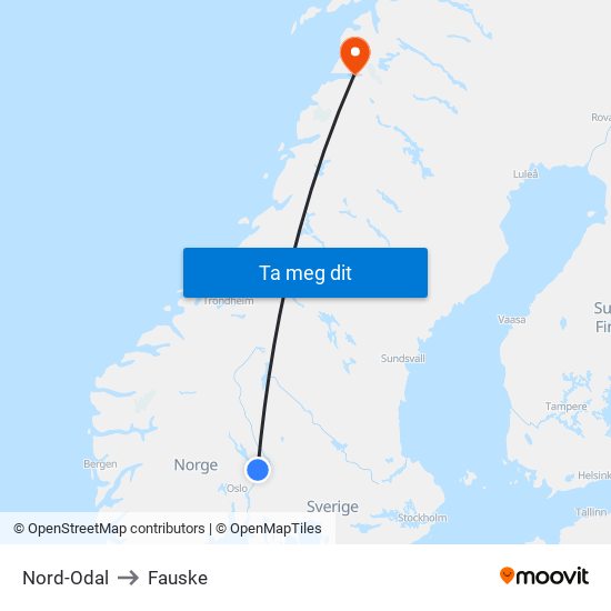 Nord-Odal to Fauske map