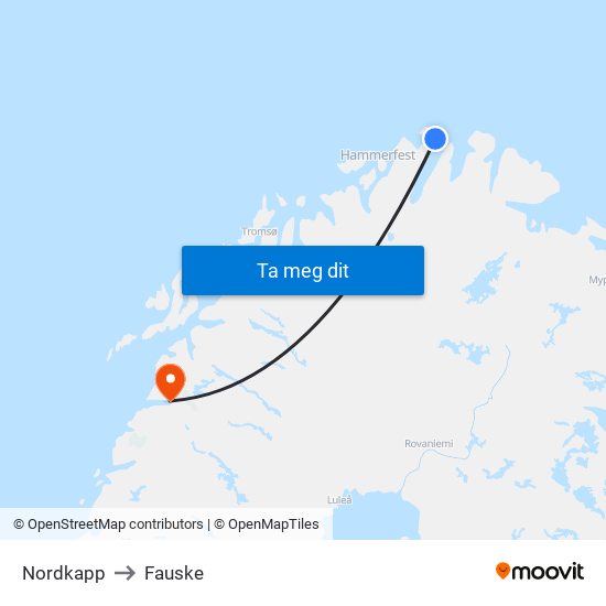 Nordkapp to Fauske map