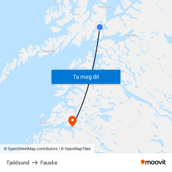 Tjeldsund to Fauske map
