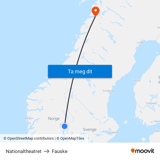 Nationaltheatret to Fauske map