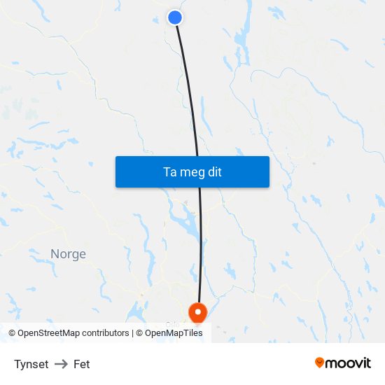 Tynset to Fet map