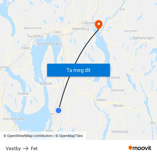 Vestby to Fet map