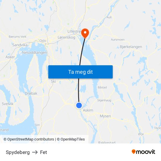 Spydeberg to Fet map