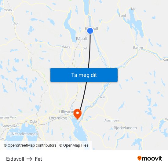 Eidsvoll to Fet map