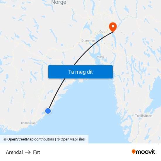 Arendal to Fet map