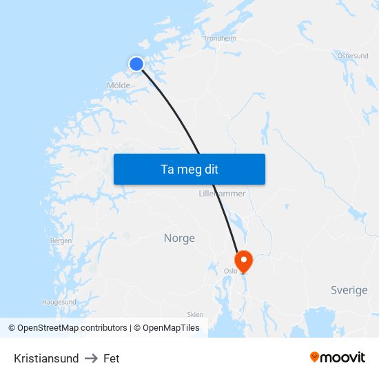 Kristiansund to Fet map
