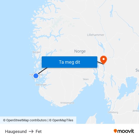 Haugesund to Fet map
