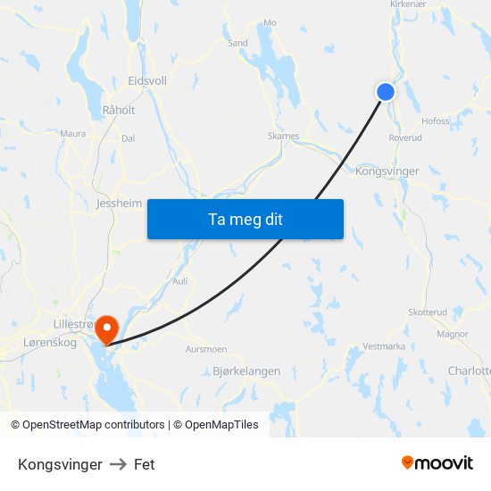 Kongsvinger to Fet map