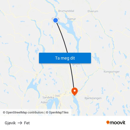 Gjøvik to Fet map