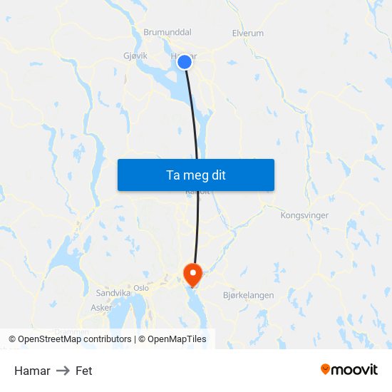Hamar to Fet map