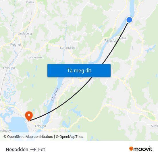 Nesodden to Fet map