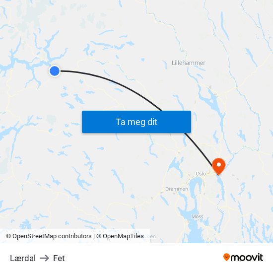 Lærdal to Fet map