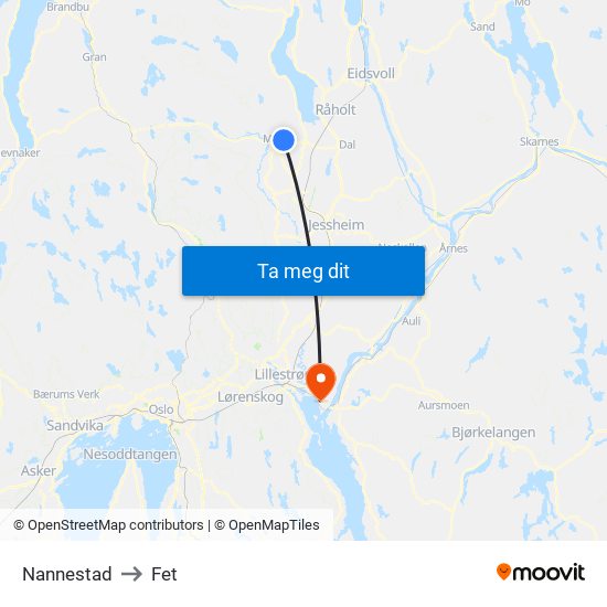 Nannestad to Fet map
