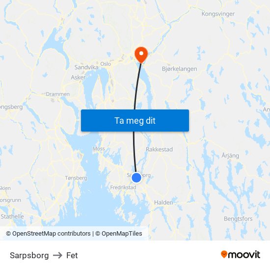 Sarpsborg to Fet map