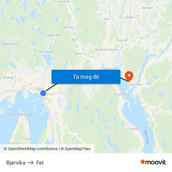 Bjørvika to Fet map
