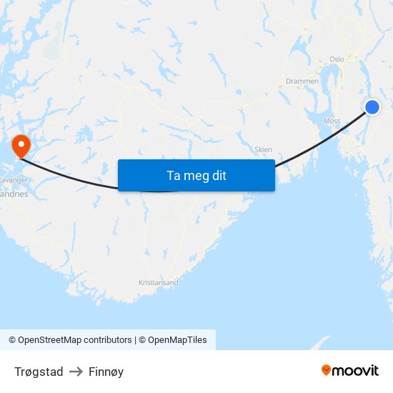 Trøgstad to Finnøy map