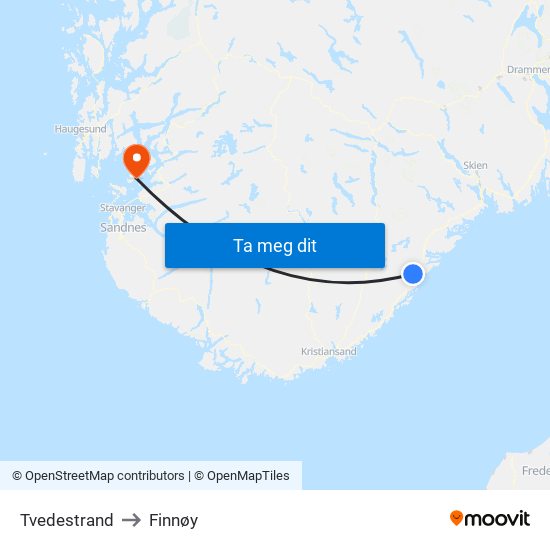 Tvedestrand to Finnøy map
