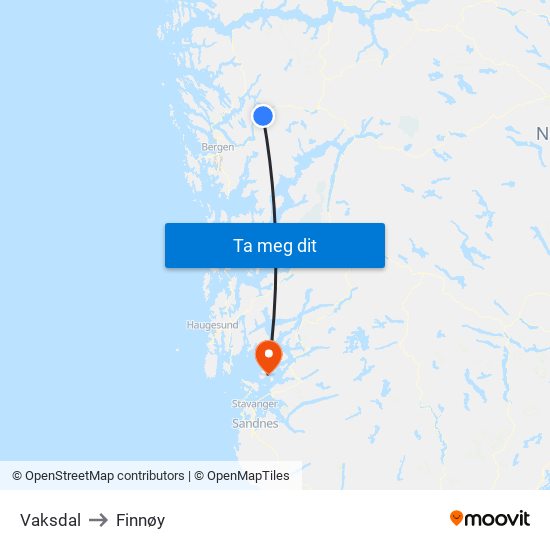 Vaksdal to Finnøy map