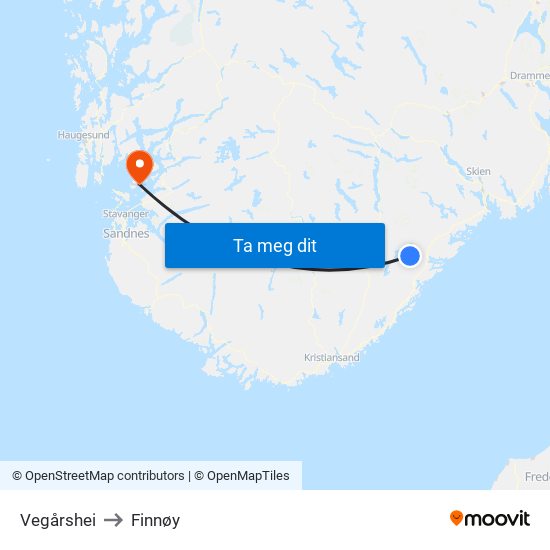 Vegårshei to Finnøy map