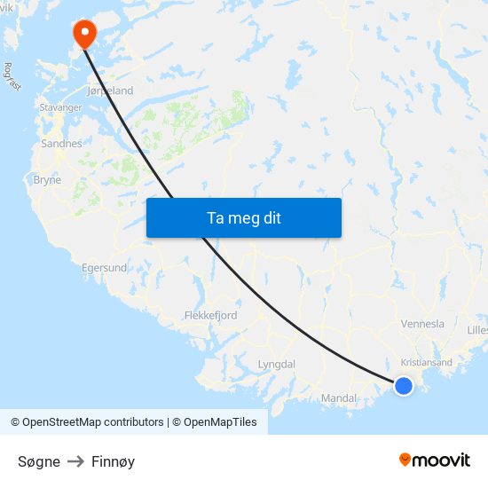 Søgne to Finnøy map