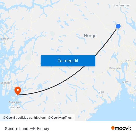 Søndre Land to Finnøy map