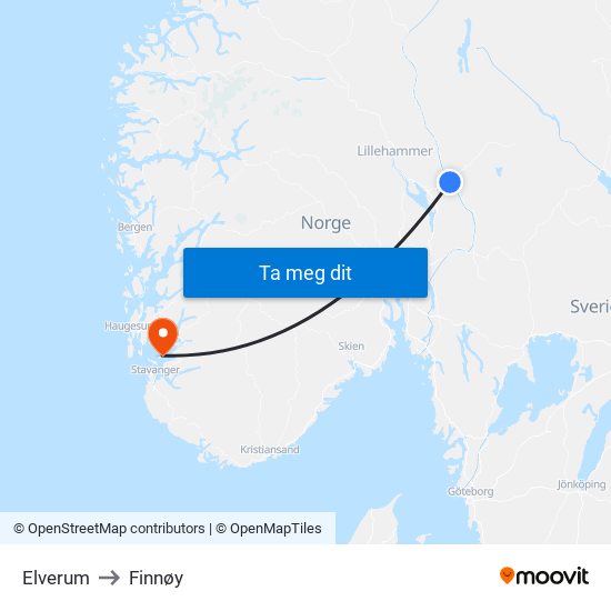 Elverum to Finnøy map