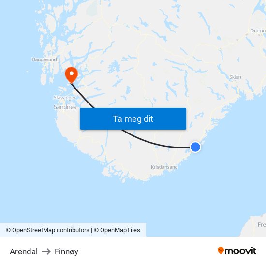 Arendal to Finnøy map