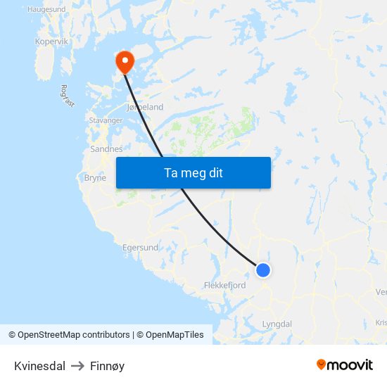 Kvinesdal to Finnøy map