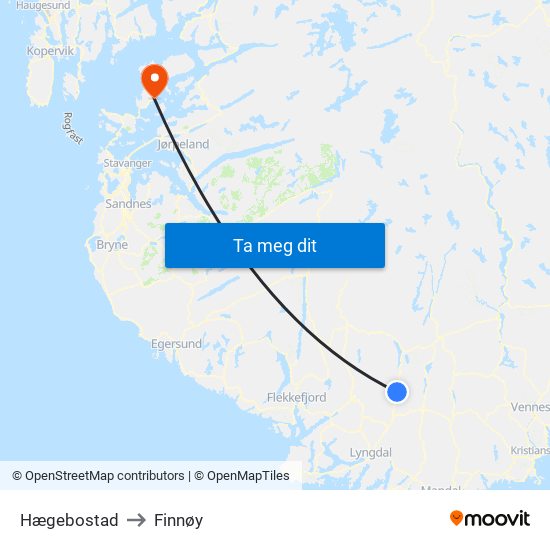 Hægebostad to Finnøy map