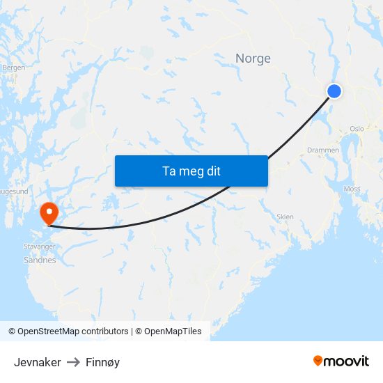 Jevnaker to Finnøy map