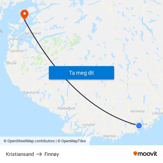 Kristiansand to Finnøy map