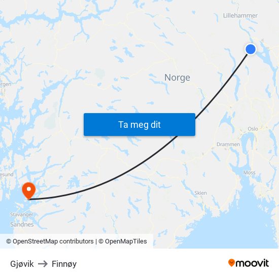 Gjøvik to Finnøy map
