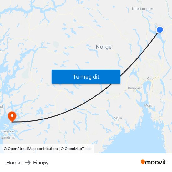 Hamar to Finnøy map