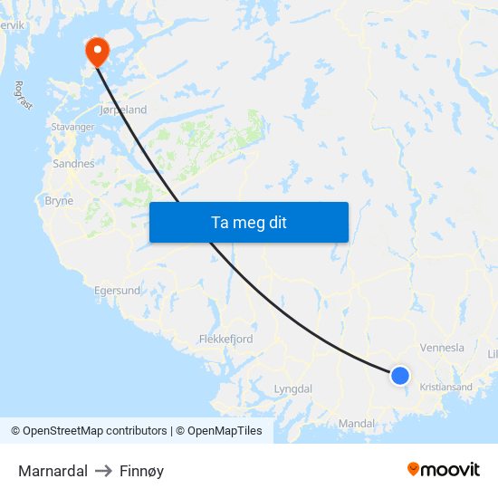 Marnardal to Finnøy map