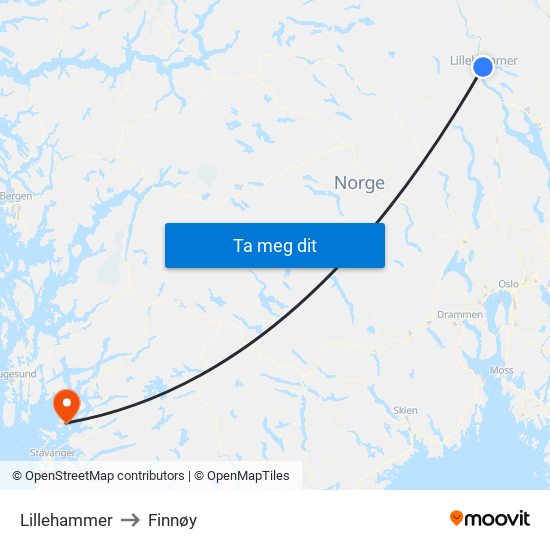 Lillehammer to Finnøy map
