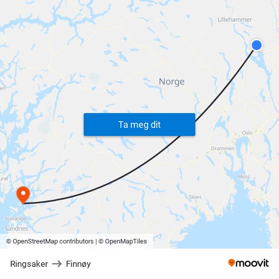 Ringsaker to Finnøy map