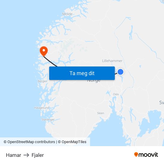 Hamar to Fjaler map