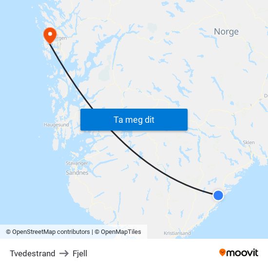 Tvedestrand to Fjell map