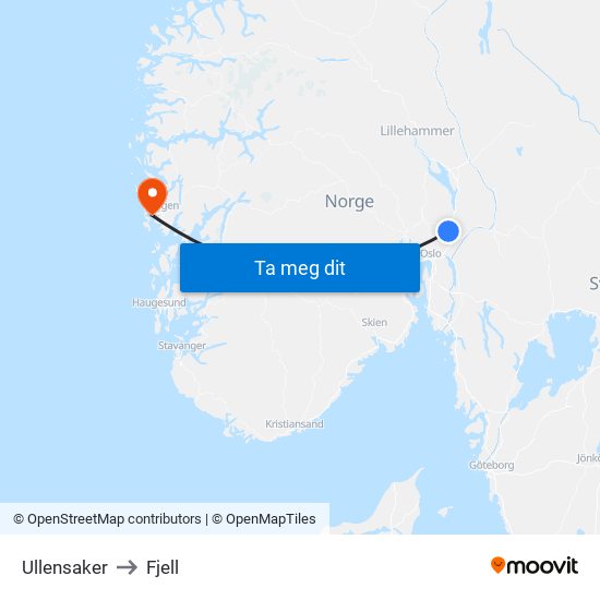 Ullensaker to Fjell map