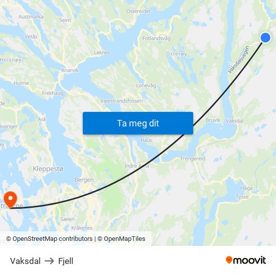 Vaksdal to Fjell map