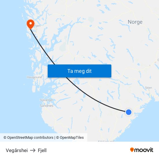 Vegårshei to Fjell map