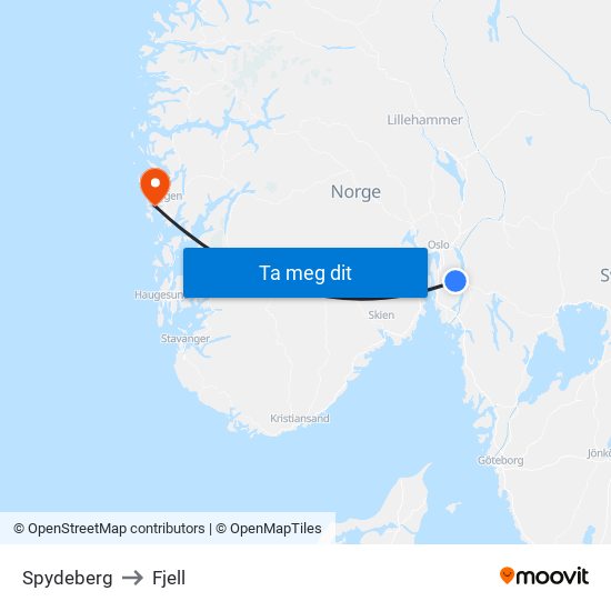 Spydeberg to Fjell map