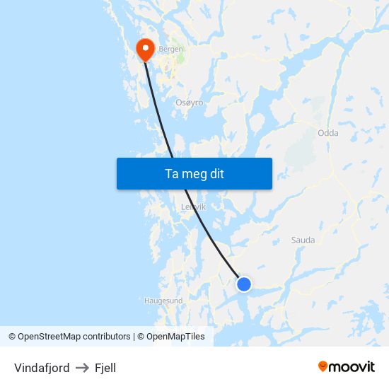 Vindafjord to Fjell map