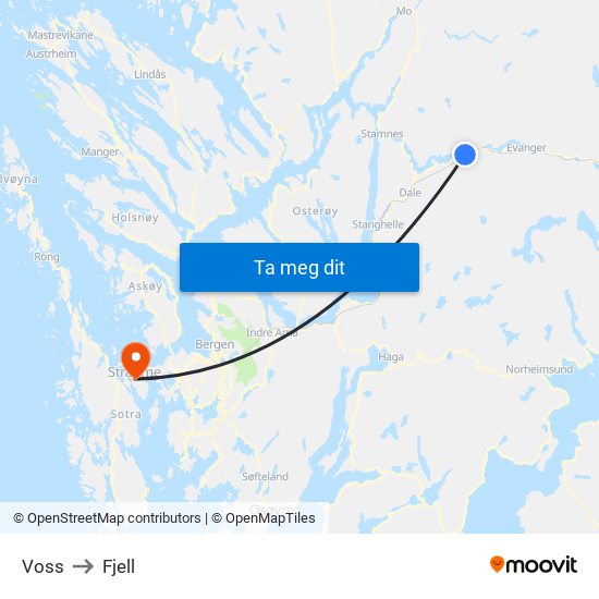 Voss to Fjell map