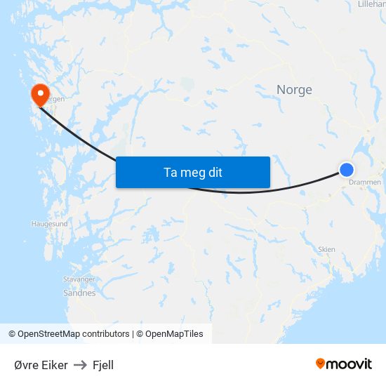 Øvre Eiker to Fjell map