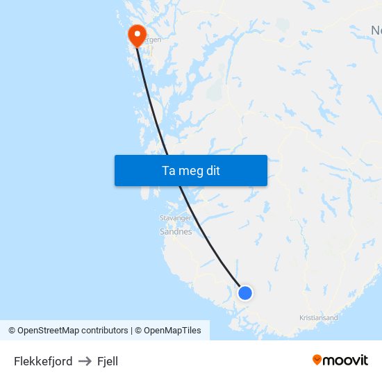 Flekkefjord to Fjell map