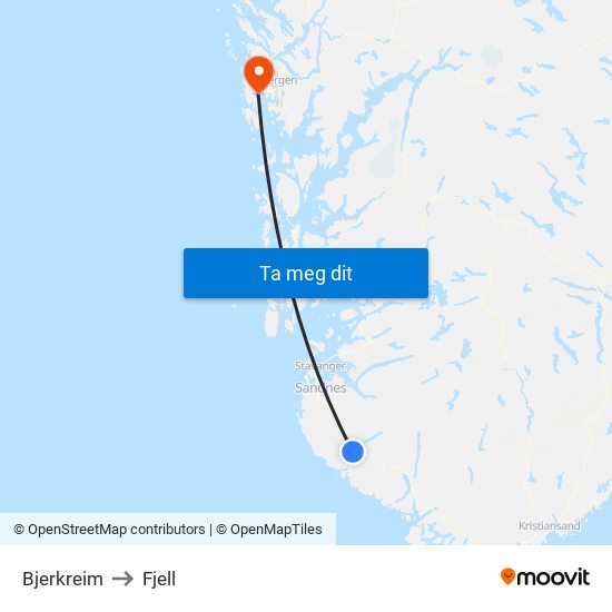 Bjerkreim to Fjell map