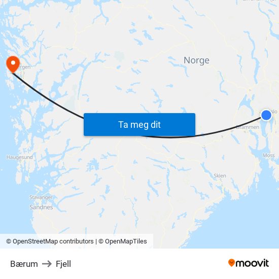 Bærum to Fjell map