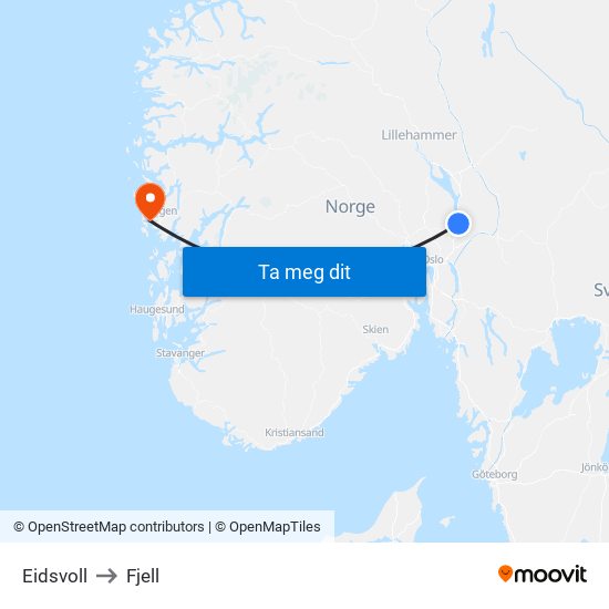 Eidsvoll to Fjell map