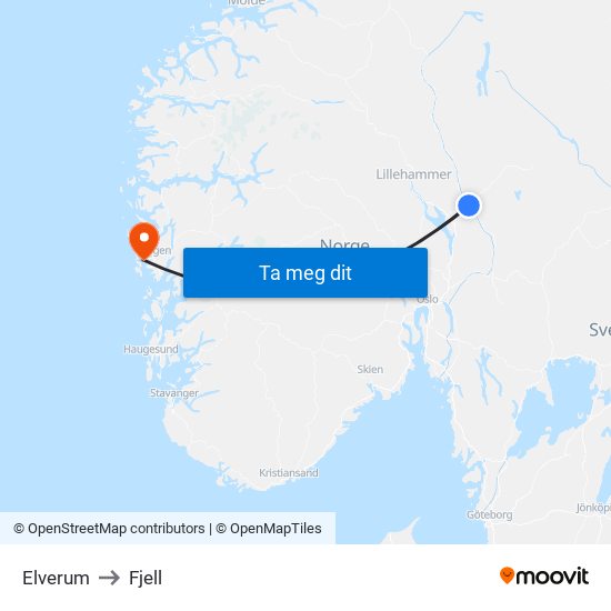 Elverum to Fjell map